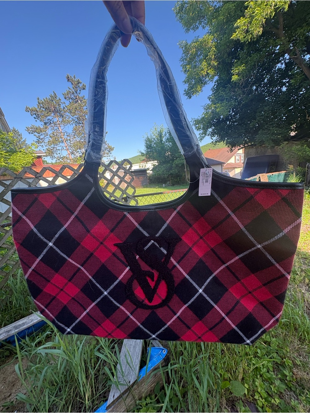 Victoria’s Secret Plaid Red and Black Tote with Embroidered Logo